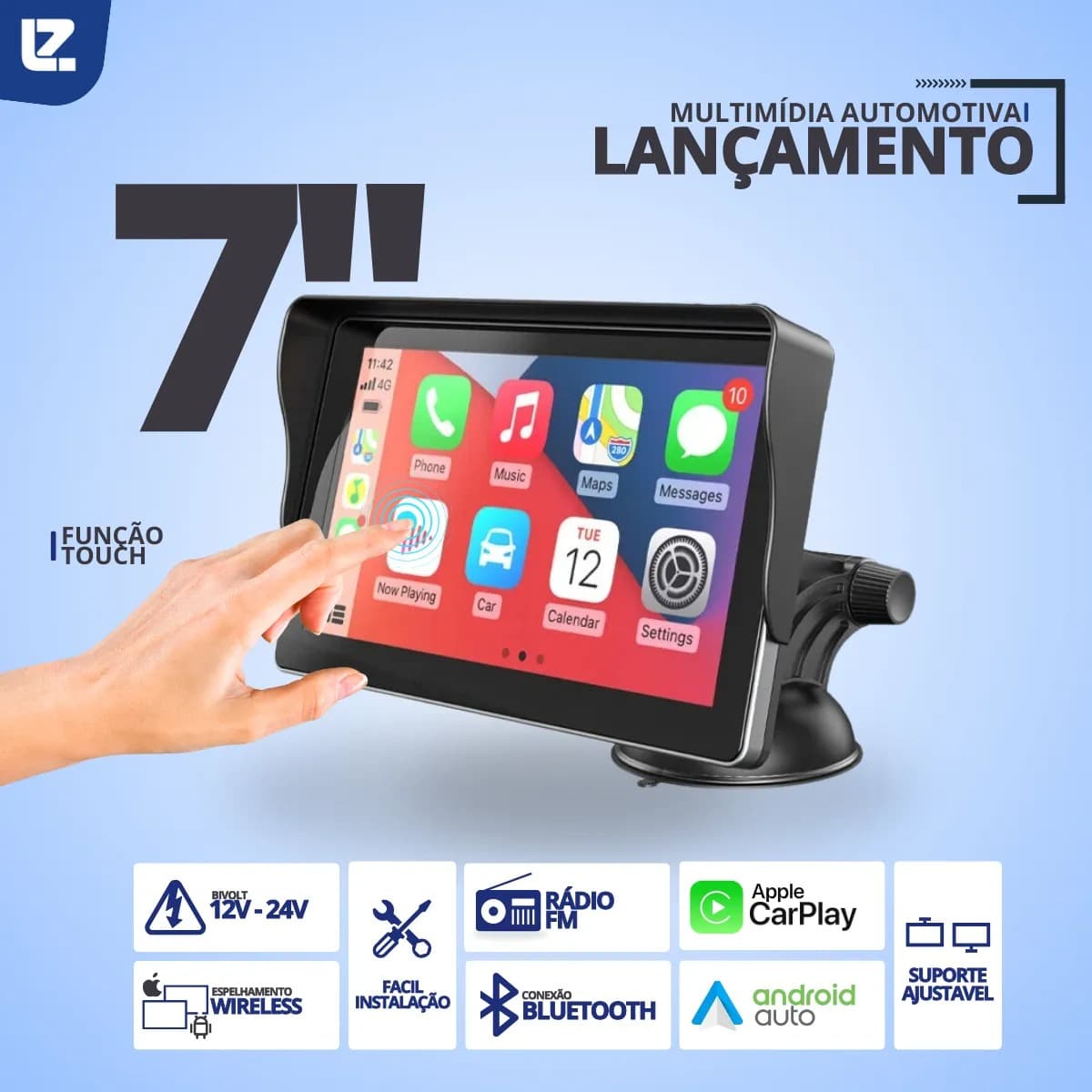 Multimidia Maos Livres Tela Portatil 7 Pol CarPlay Android Auto Suporte Bluetooth